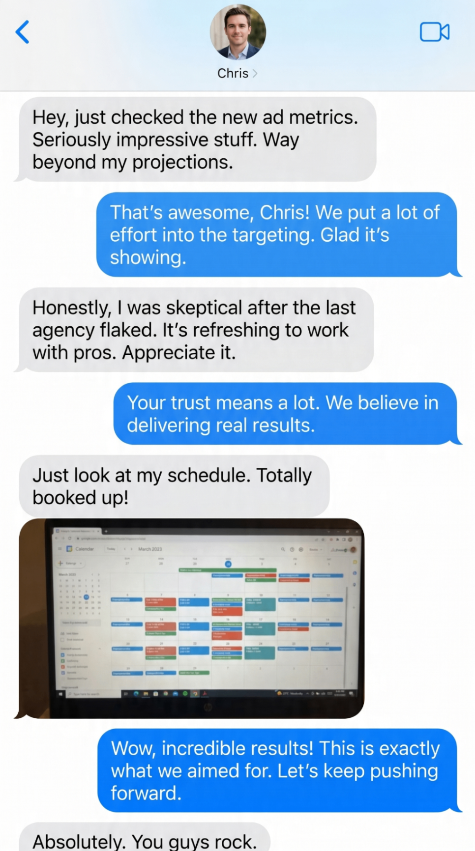 Client text from Chris about ad metrics and booked calendar