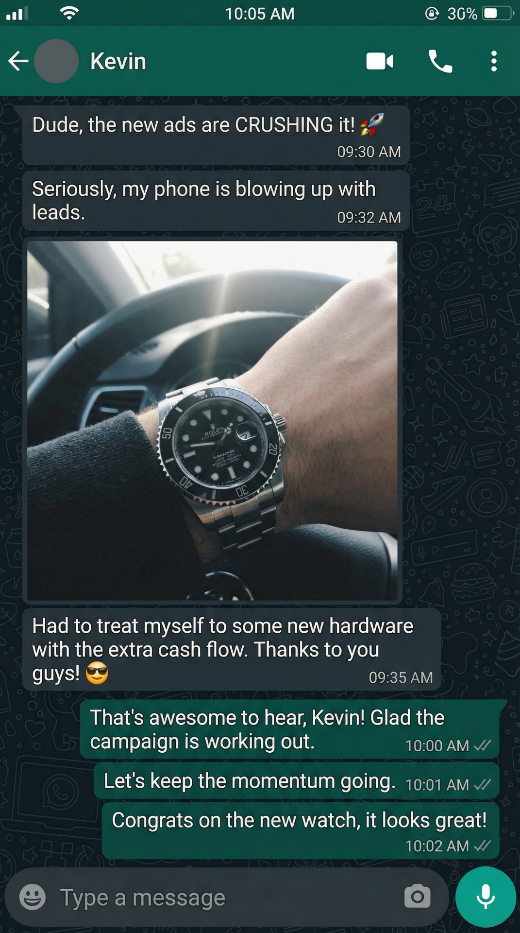 Client text from Kevin about leads blowing up